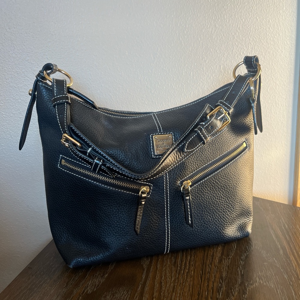 Dooney & Bourke Black Leather Hobo Bag with Gold Accents